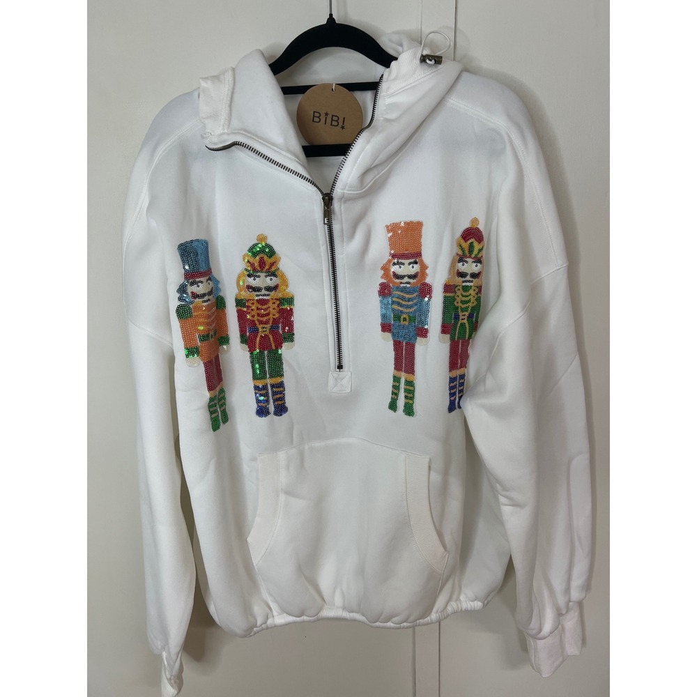 BIB! White Sequin Nutcracker Quarter Zip Hoodie Holiday Sweatshirt Women S,L,XL